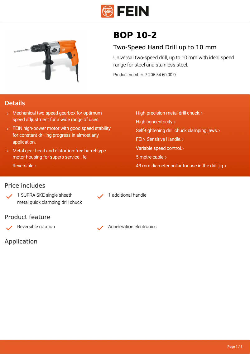 Page 1 de la notice Fiche technique Fein BOP 10-2