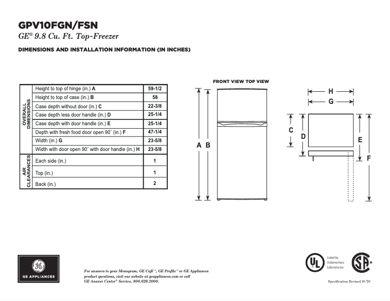 Page n°1 - Fiche technique GE GPV10FSNSB