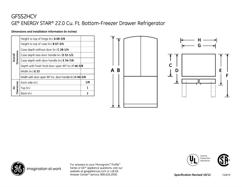 Page 1 de la notice Fiche technique GE GFSS2HCYSS