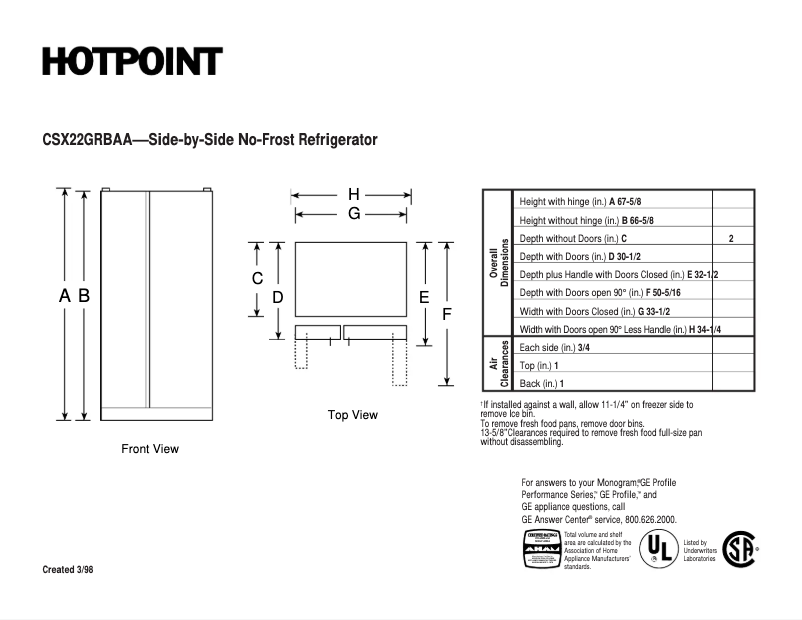 Page 1 de la notice Fiche technique Hotpoint CSX22GRBAA