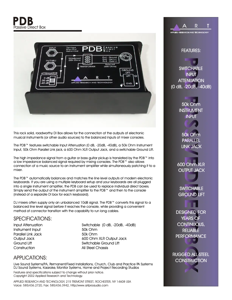 Page 1 de la notice Fiche technique ART PDB