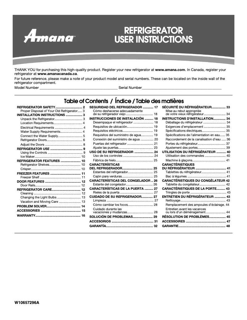 Page 1 de la notice Manuel d'utilisation et d'entretien Amana ART308FFDB