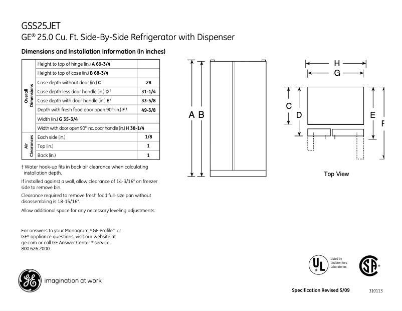 Page 1 of the manual Technical Sheet GE GSS25JETCC
