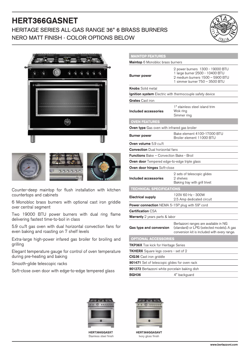 Page 1 de la notice Fiche technique Bertazzoni HERT366GASNET