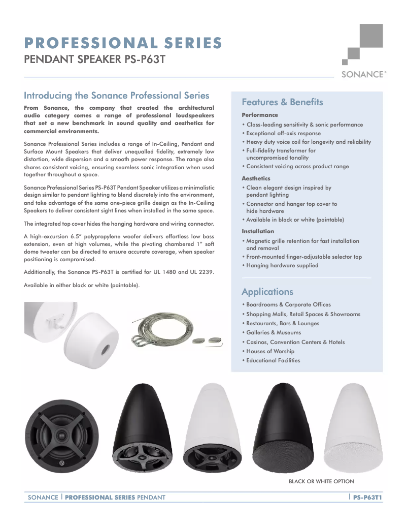 Page 1 de la notice Fiche technique Sonance Professional PS-P43T