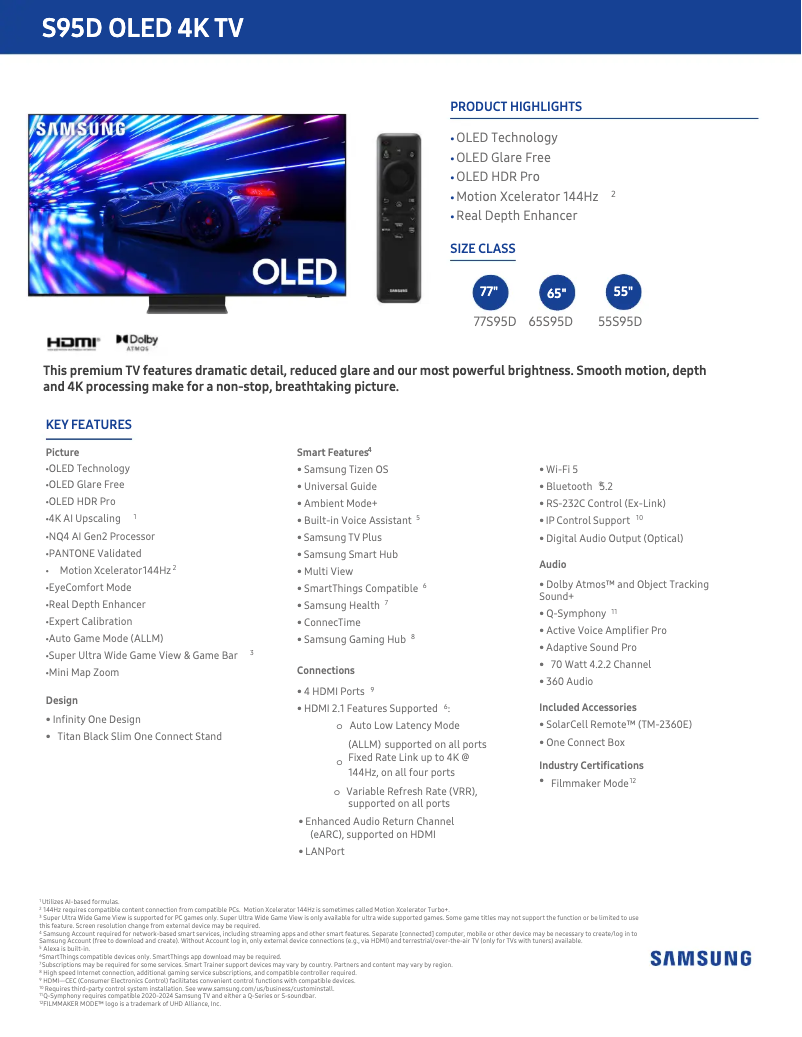 Página 1 del manual Ficha técnica Samsung QN65S95DAF