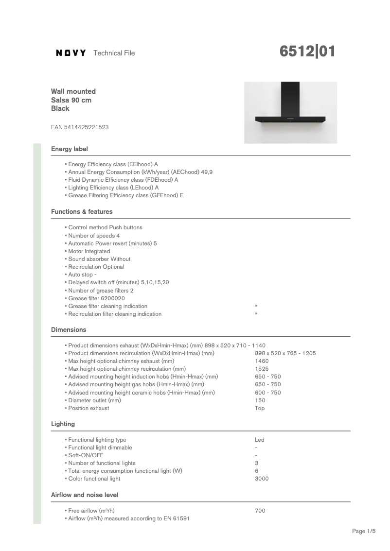 Page 1 de la notice Fiche technique Novy Salsa 6512