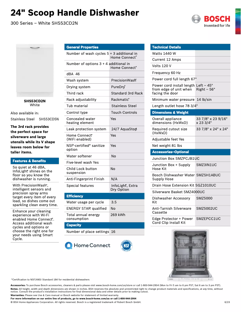 Page 1 de la notice Fiche technique Bosch SHS53CD2N