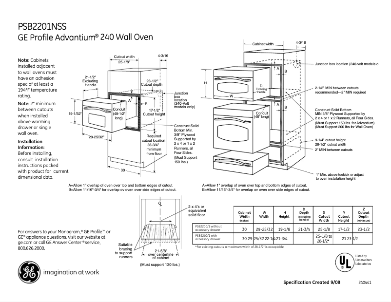 Page n°1 - Fiche technique GE PSB2201NSS