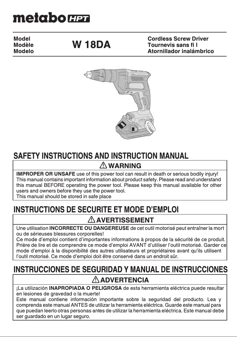 Page 1 de la notice Manuel utilisateur Metabo W18DA