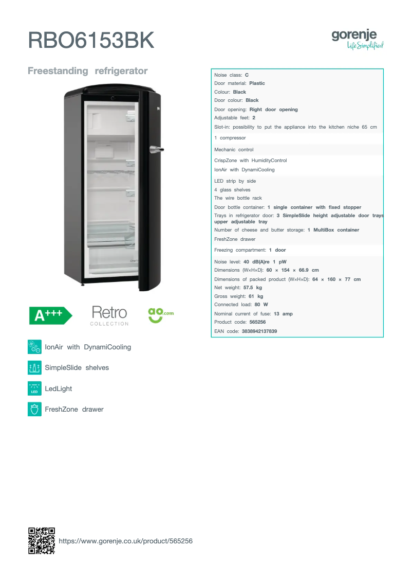 Página 1 del manual Ficha técnica Gorenje RBO6153BK