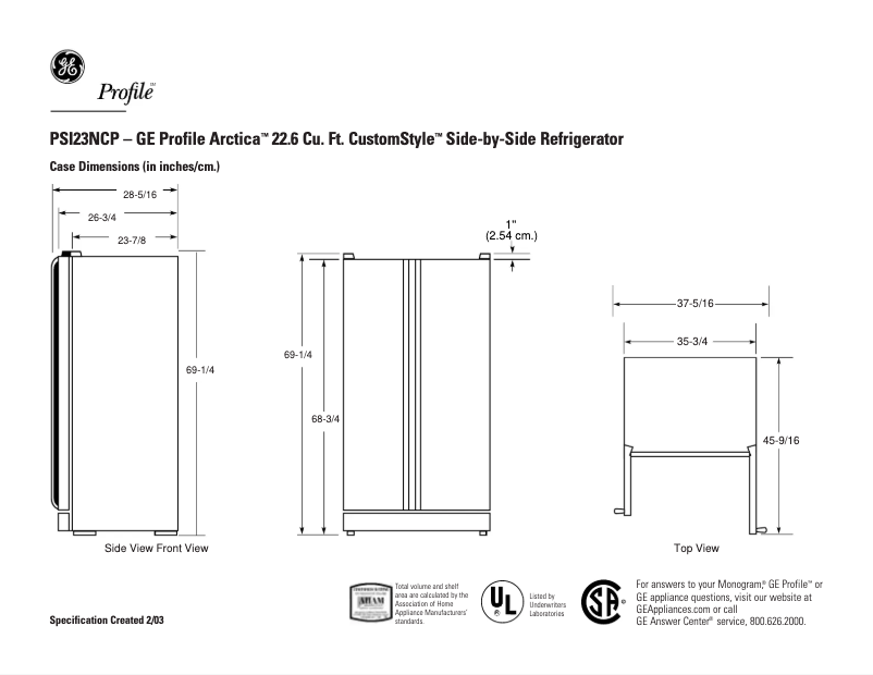 Page 1 of the manual Technical Sheet GE Profile CustomStyle PSI23NCPCC