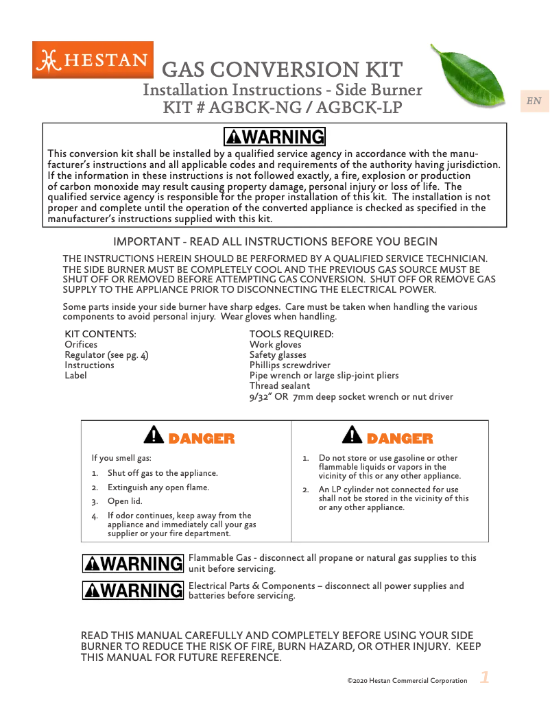 Page 1 de la notice Guide d'installation Hestan AGB122-NG-BU