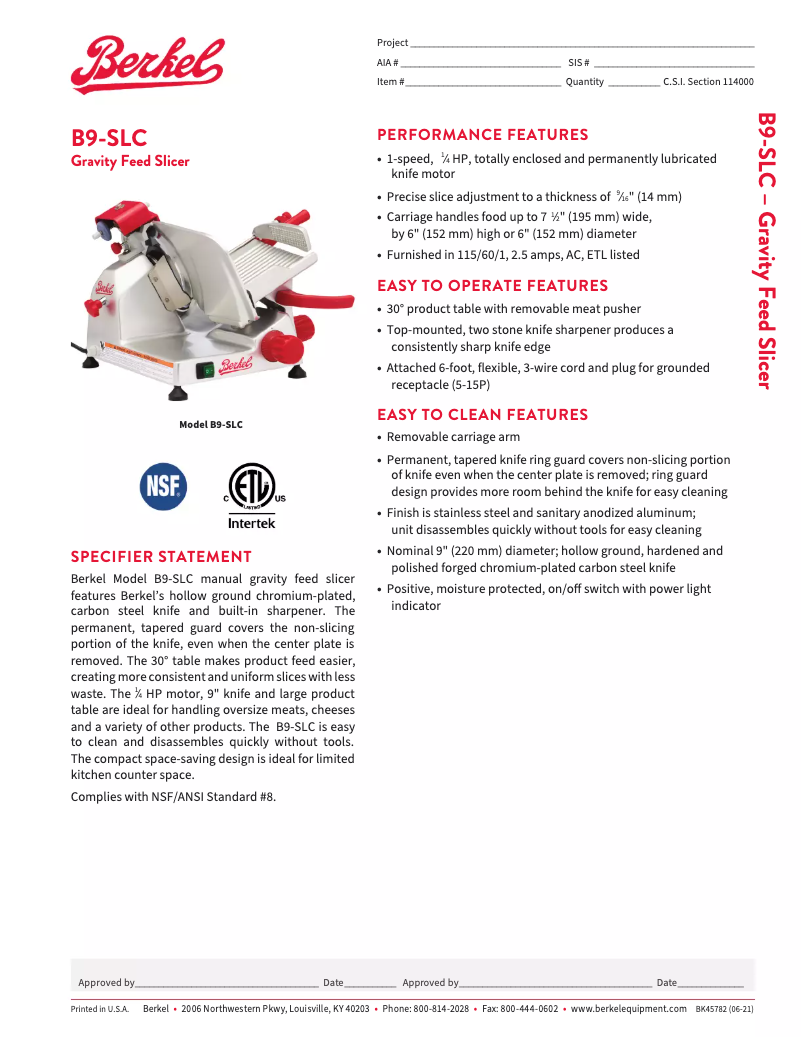Página 1 del manual Ficha técnica Berkel B9-SLC