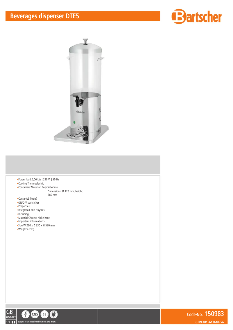 Página 1 del manual Ficha técnica Bartscher DTE5