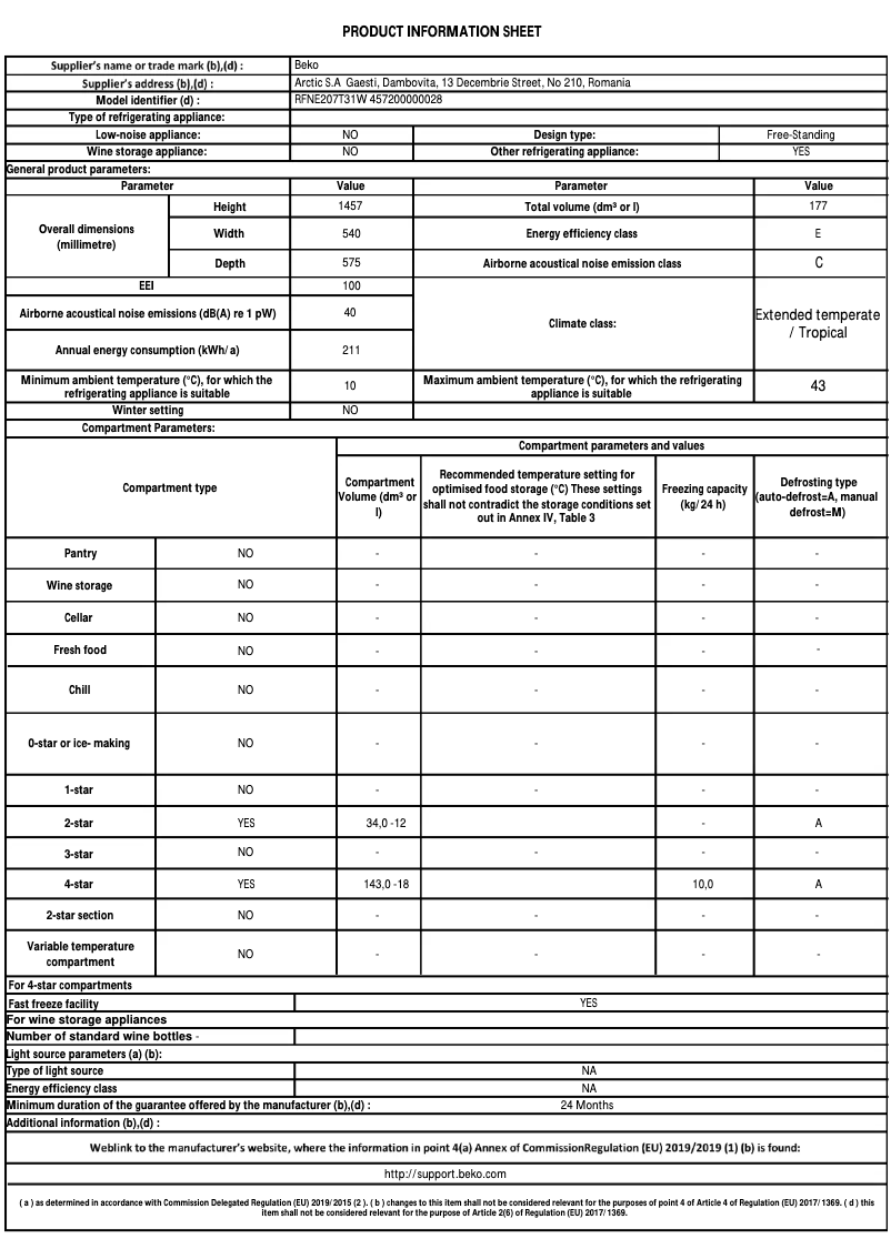 Page 1 de la notice Fiche technique Beko RFNE207T31W