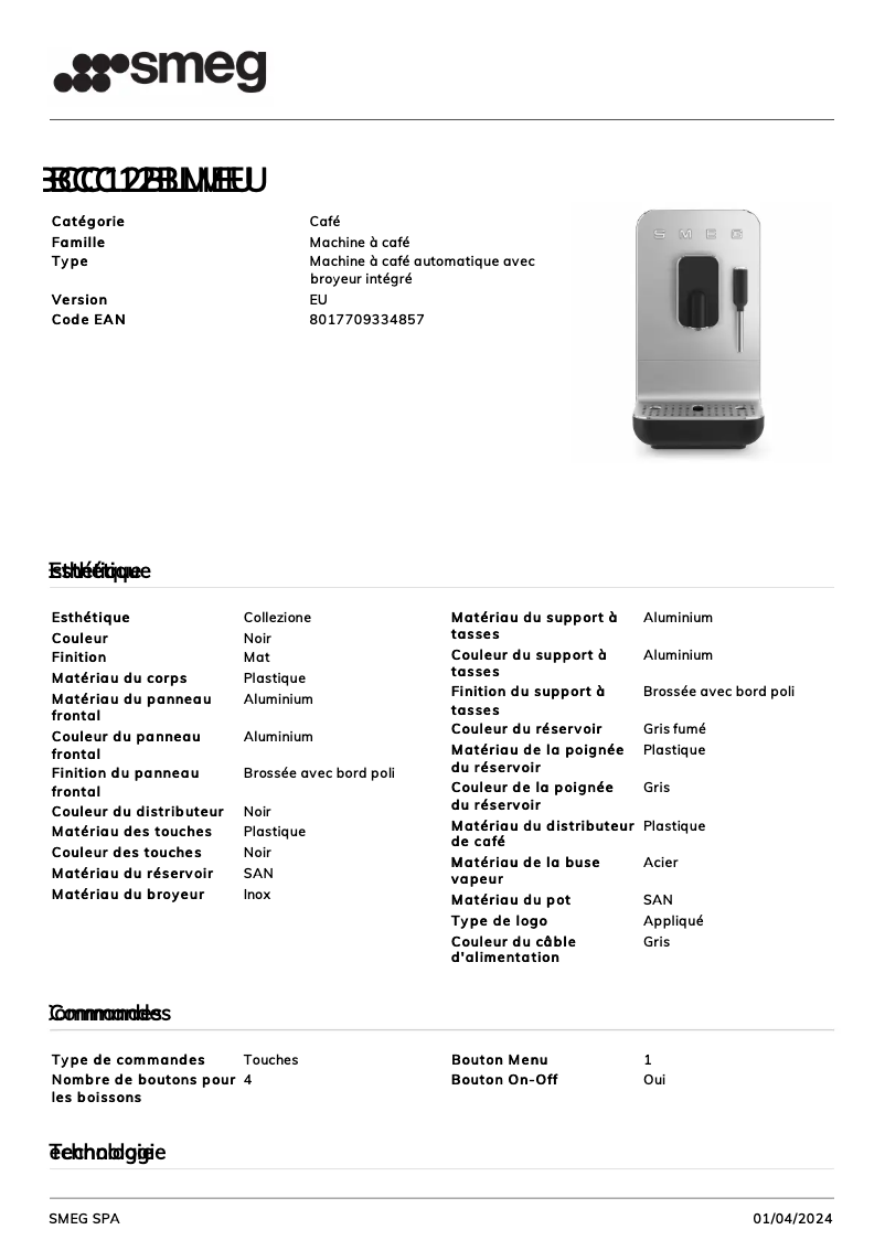 Page 1 de la notice Fiche technique Smeg BCC12