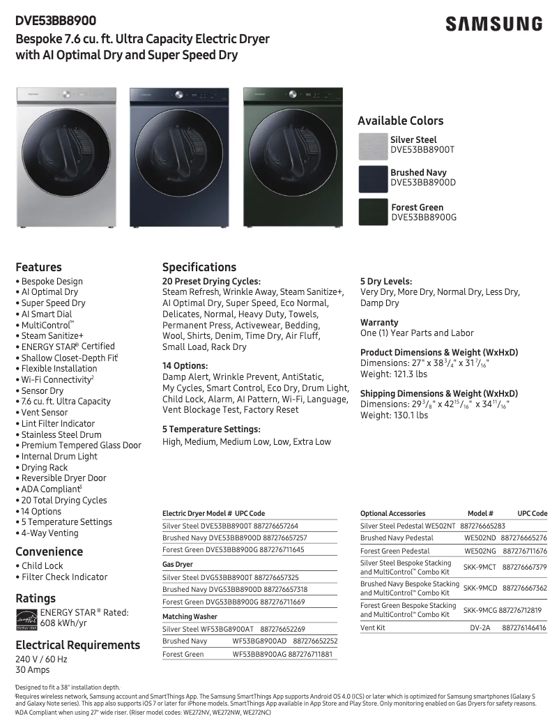 Página 1 del manual Ficha técnica Samsung DVE53BB8900D