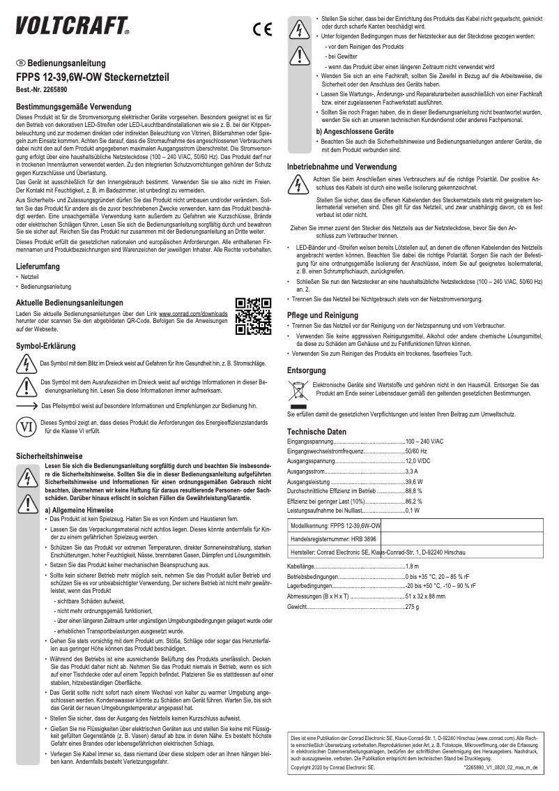 Page 1 de la notice Manuel utilisateur Voltcraft FPPS 12-27W-N