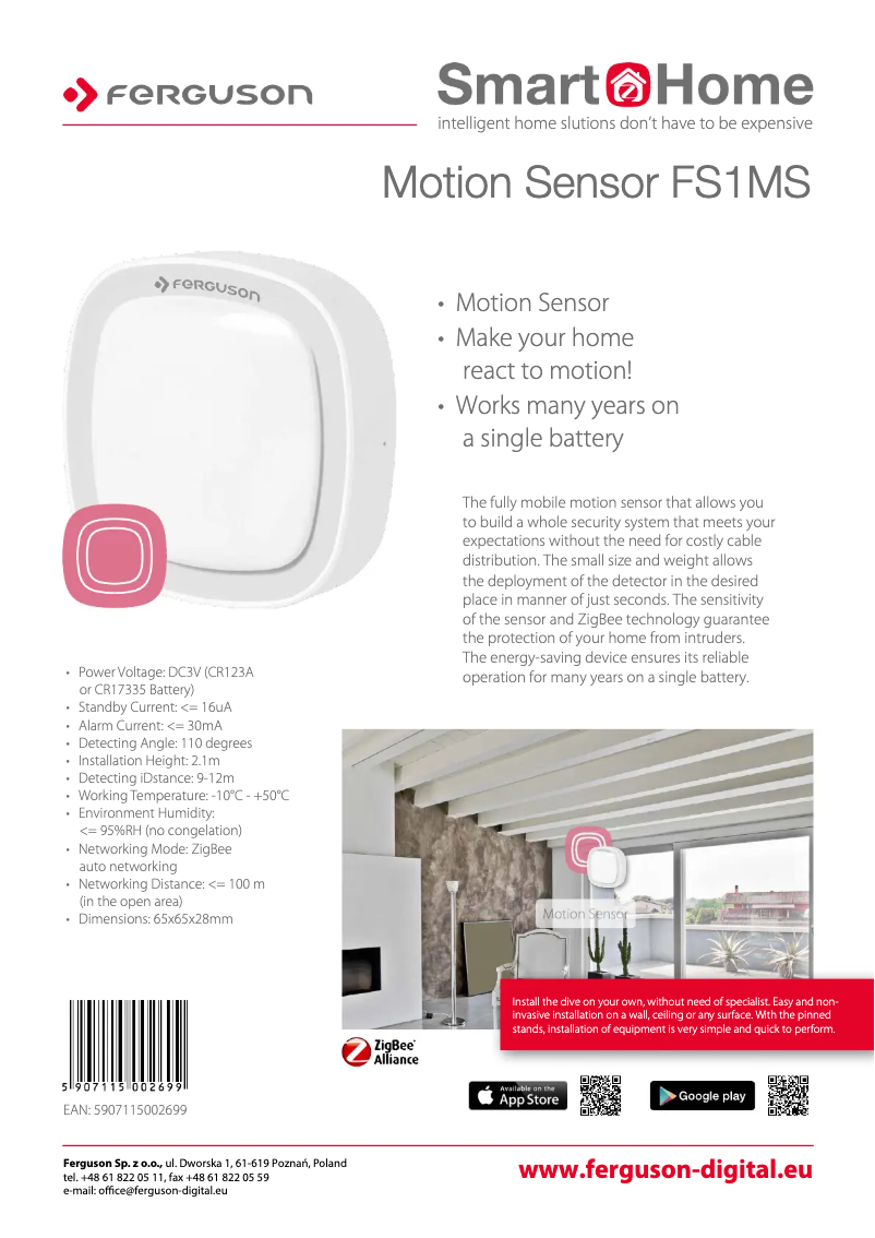 Page 1 de la notice Fiche technique Ferguson SmartHome Motion Sensor FS1MS