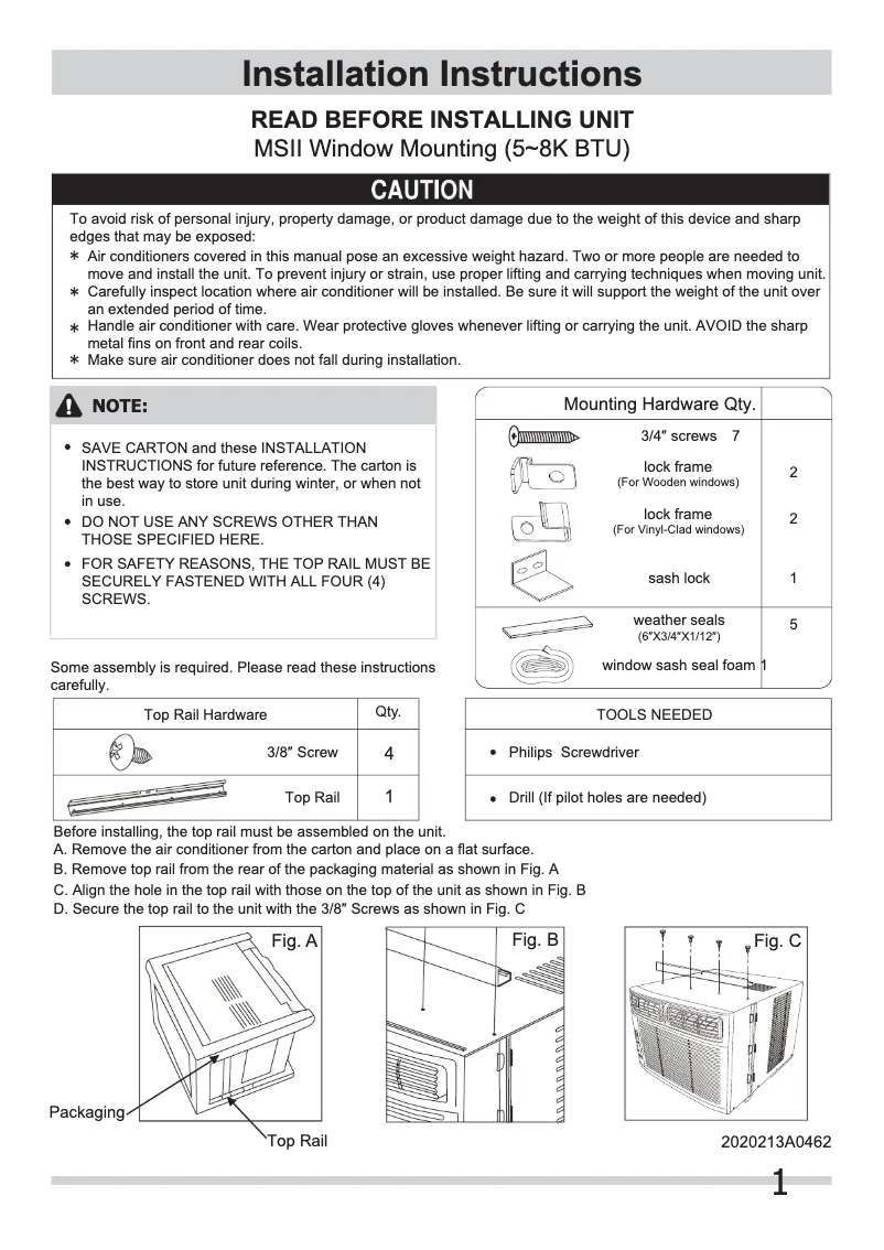 Página 1 del manual Guía de instalación Frigidaire LRA087AT7