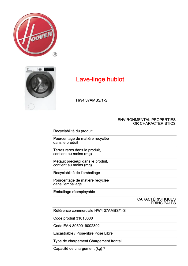 Page 1 de la notice Fiche technique Hoover HW4 37AMBS/1-S