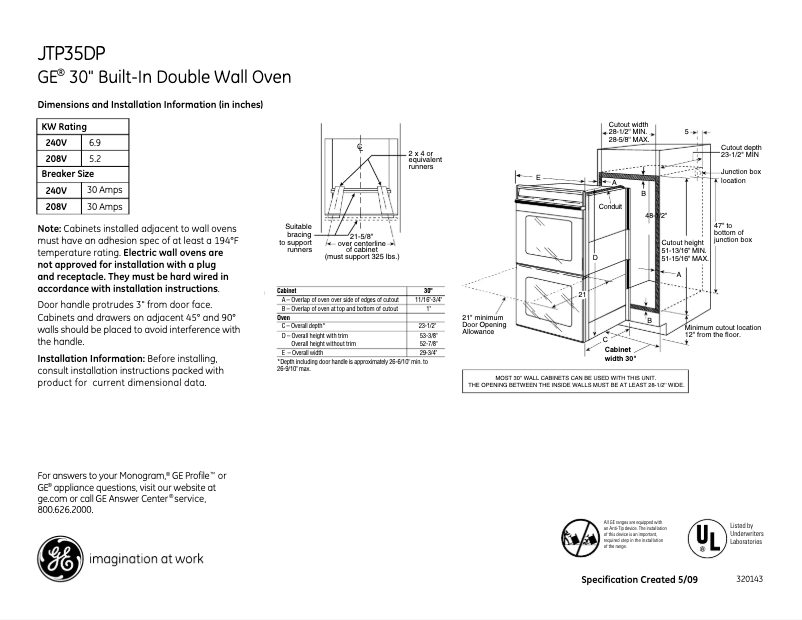 Page 1 of the manual Technical Sheet GE JTP35DPBB