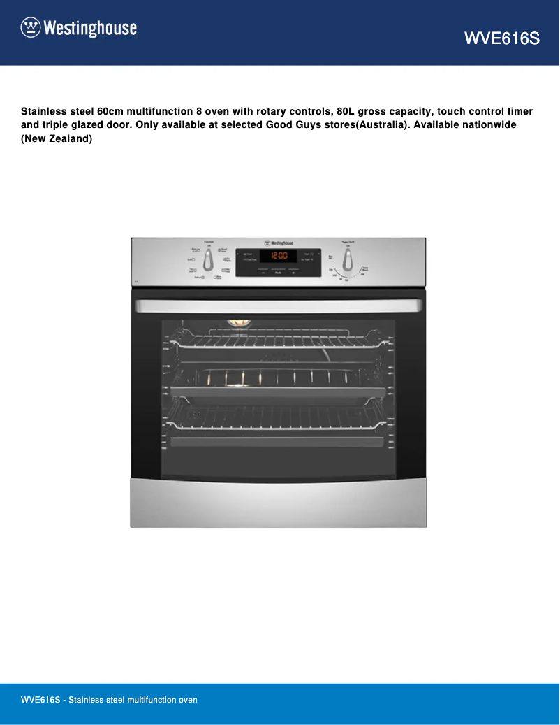 Page 1 de la notice Fiche technique Westinghouse WVE616S
