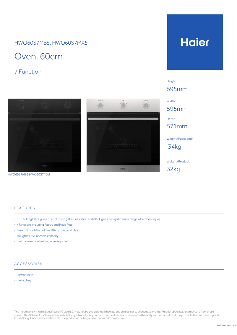 Page 1 de la notice Fiche technique Haier HWO60S7MB5
