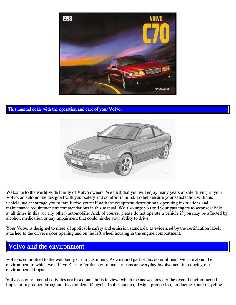 Page 1 de la notice Manuel utilisateur Volvo C70 (1998)