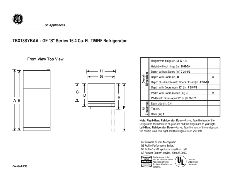 Página 1 del manual Ficha técnica GE TBX18SYBAA