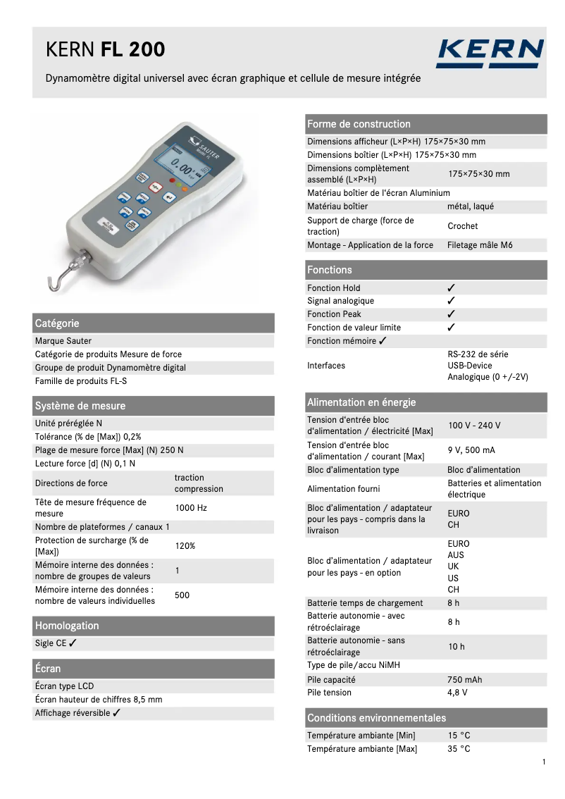 Page 1 de la notice Fiche technique Kern FL 200