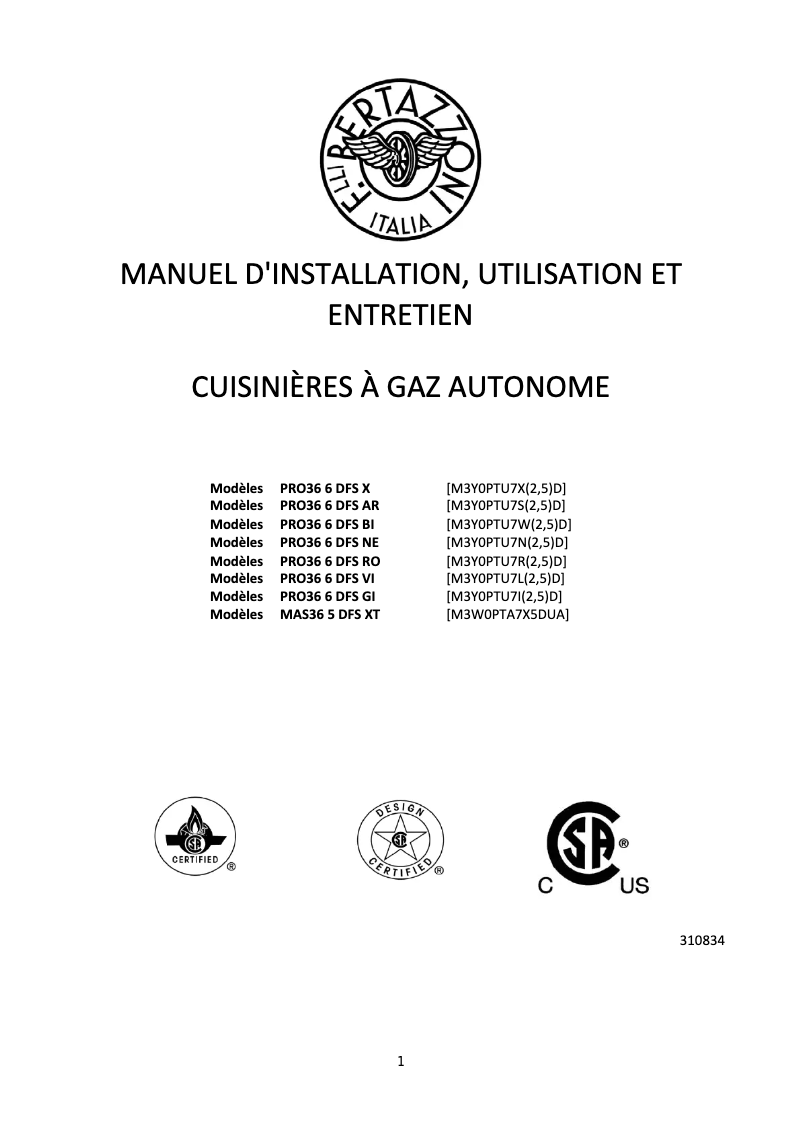 Page 1 de la notice Manuel utilisateur Bertazzoni PRO36 6 DFS BI