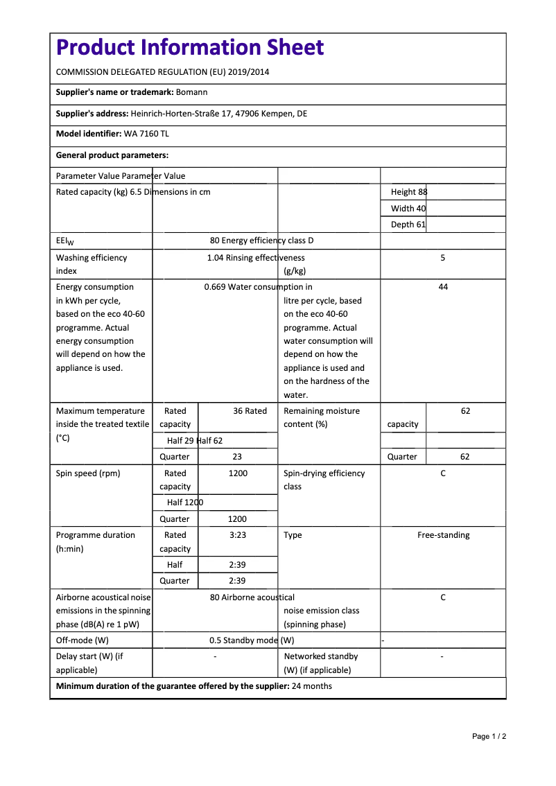 Page 1 de la notice Fiche technique Bomann WA 7160 TL