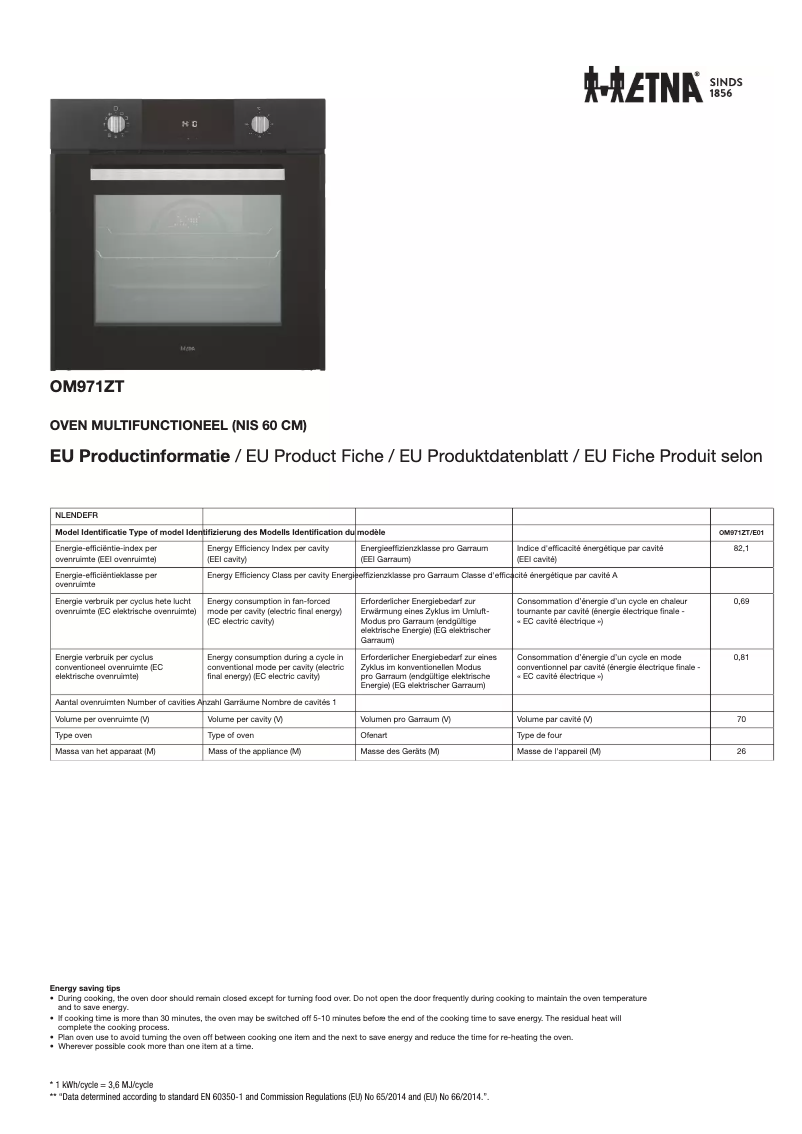 Page 1 de la notice Fiche technique Etna OM971ZT