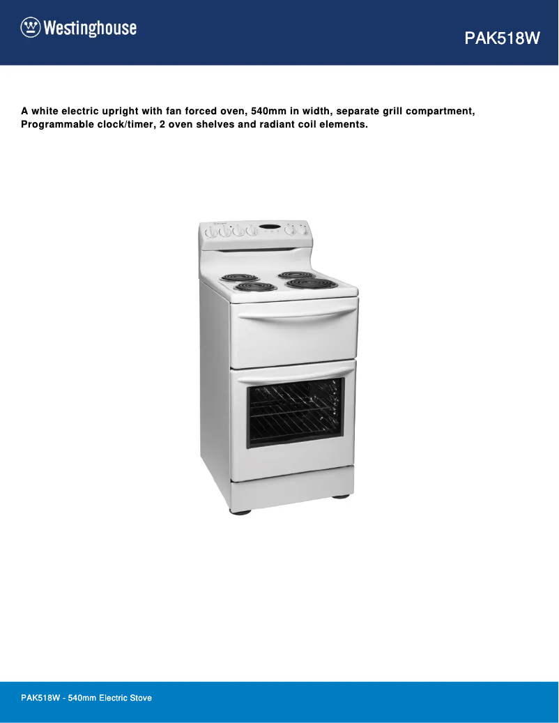 Page 1 of the manual Technical Sheet Westinghouse PAK518W
