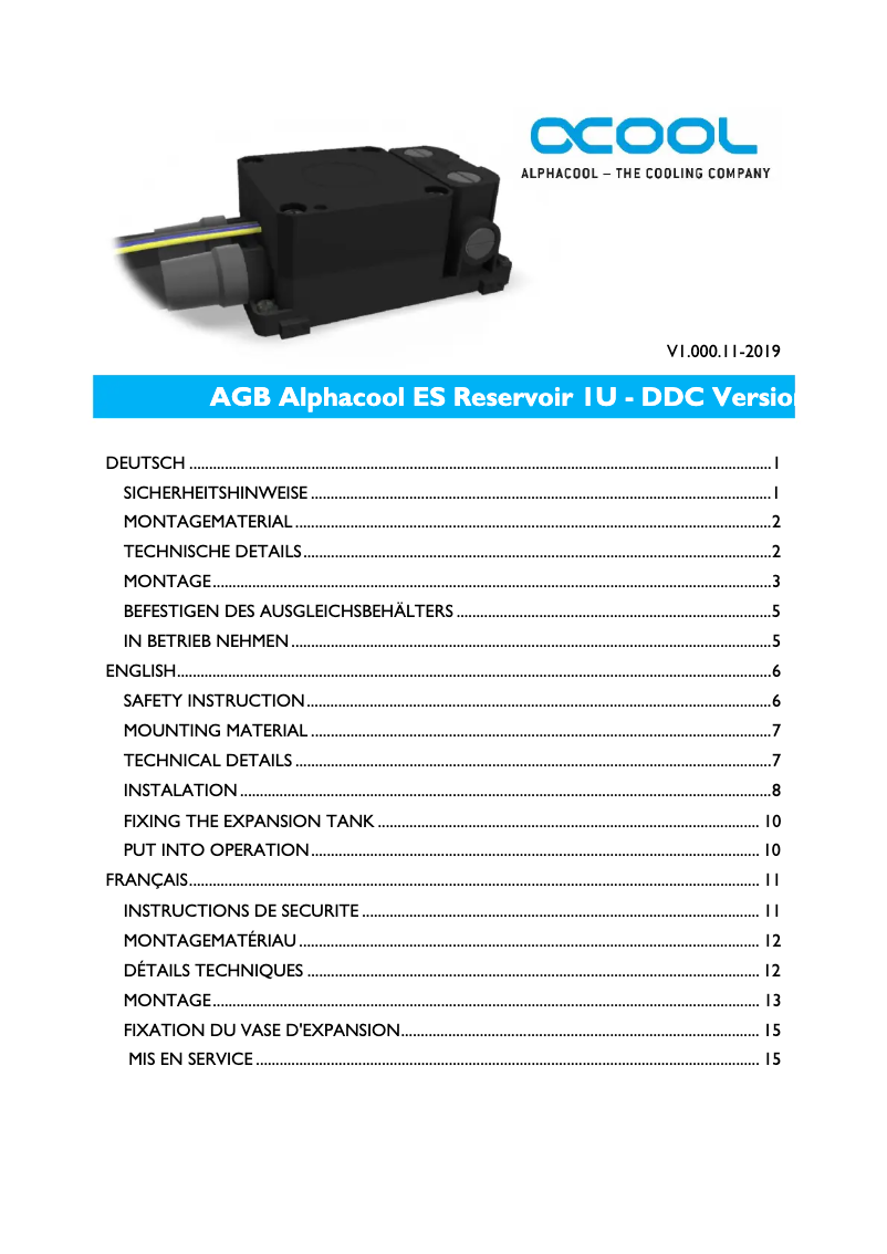 Page 1 of the manual User Manual Alphacool ES Reservoir 1U