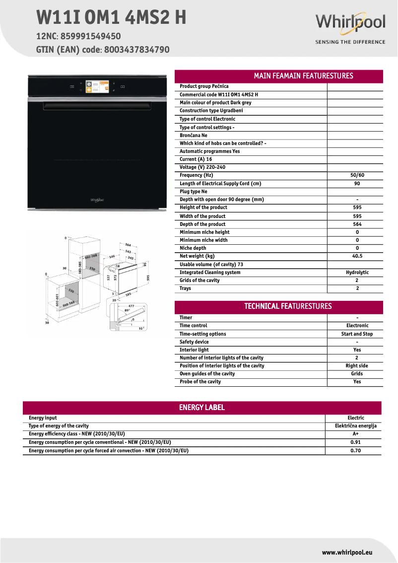 Page 1 de la notice Fiche technique Whirlpool W11I OM1 4MS2 H