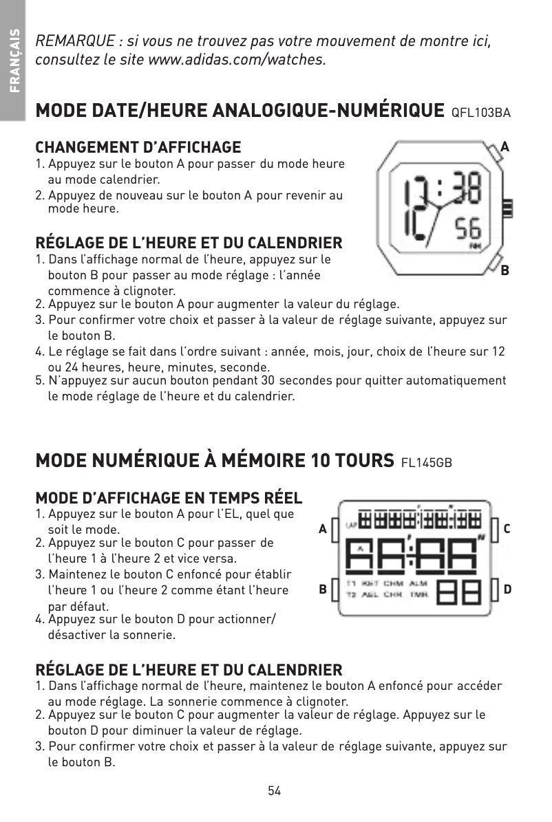 Page 1 de la notice Manuel utilisateur Adidas QFL103BA