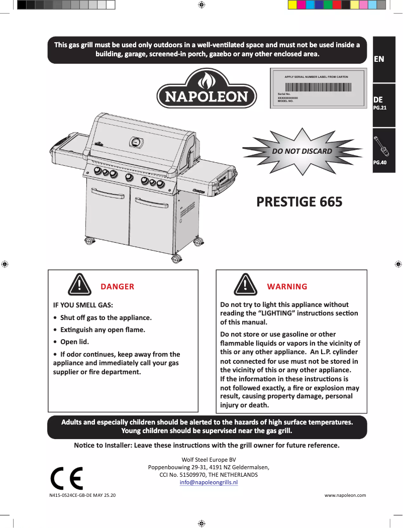 Page 1 de la notice Manuel utilisateur Napoleon Grills Prestige 665