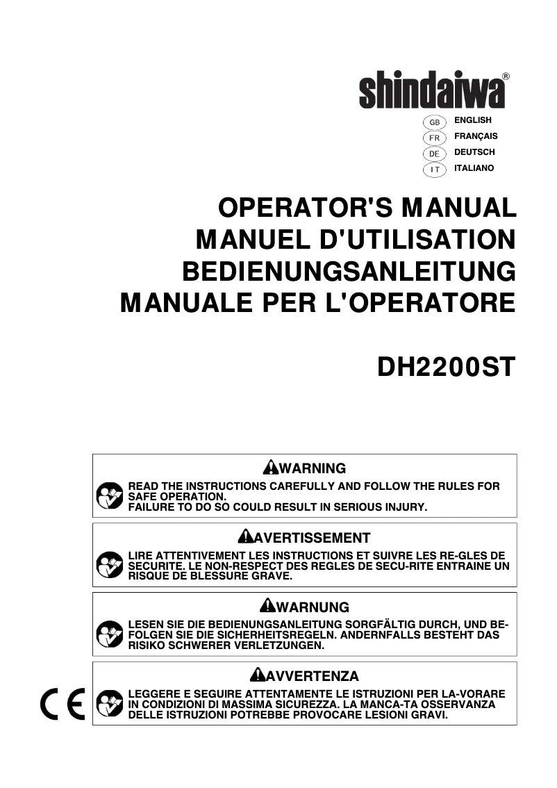 Page 1 de la notice Manuel utilisateur Shindaiwa DH2200ST
