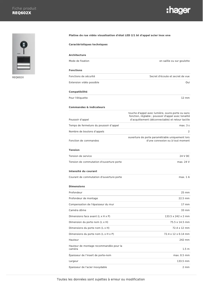 Page 1 de la notice Fiche technique Elcom REQ602X