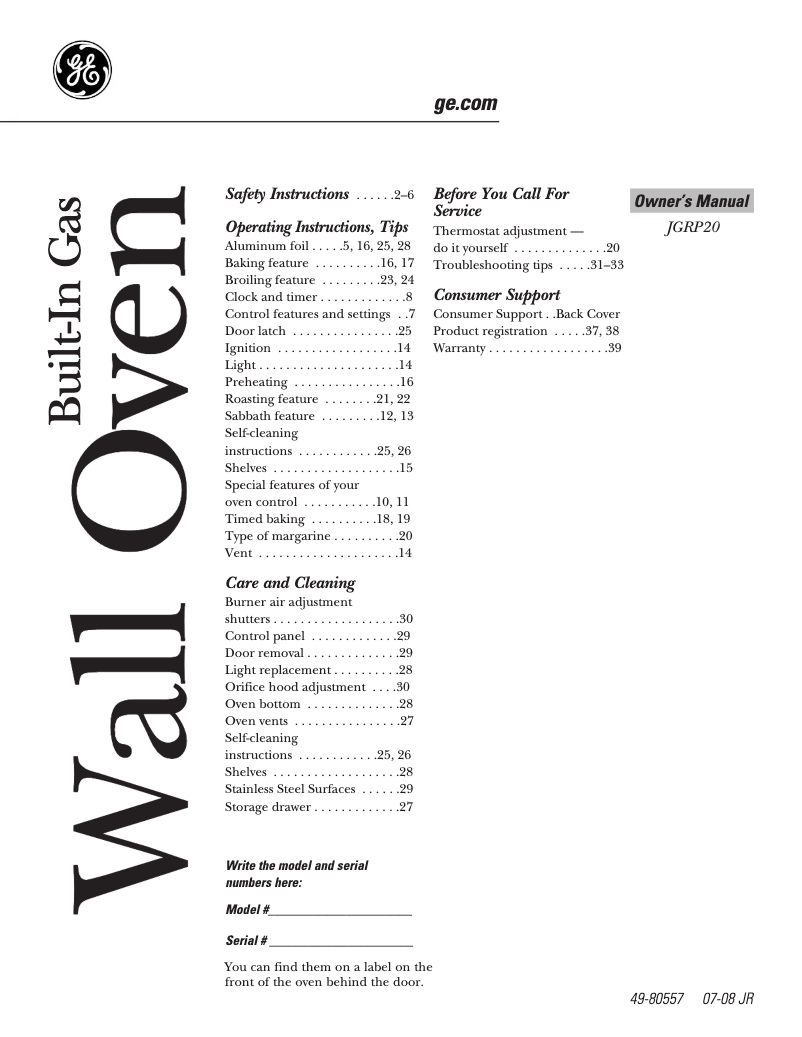 Page n°1 - Manuel utilisateur GE JGRP20WH