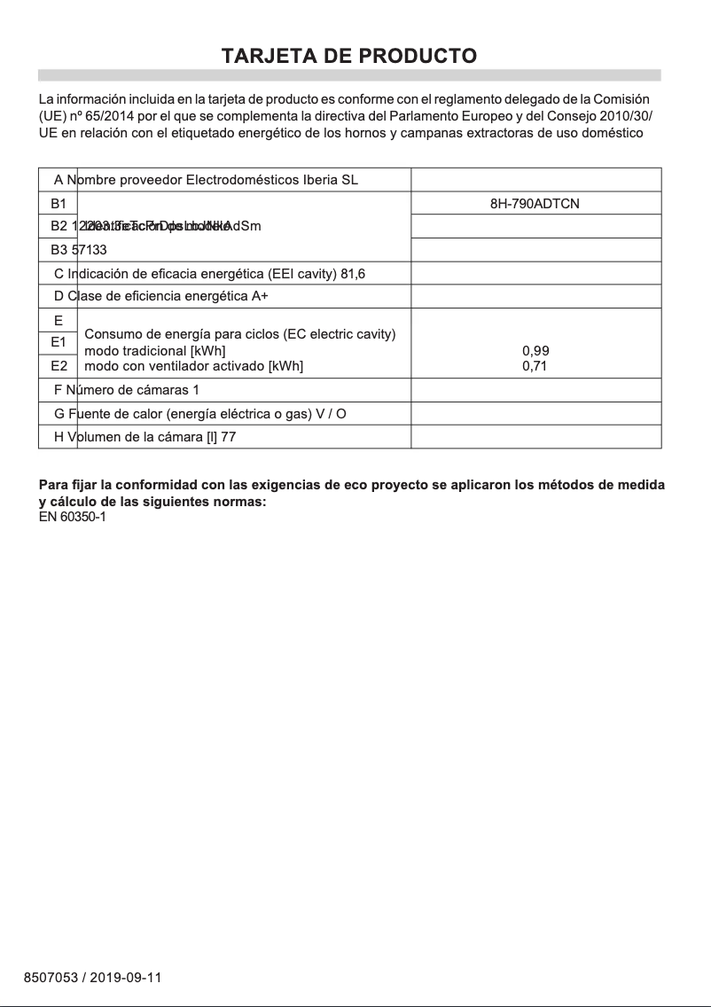 Page 1 de la notice Fiche technique Fagor 8H-790ADTCN