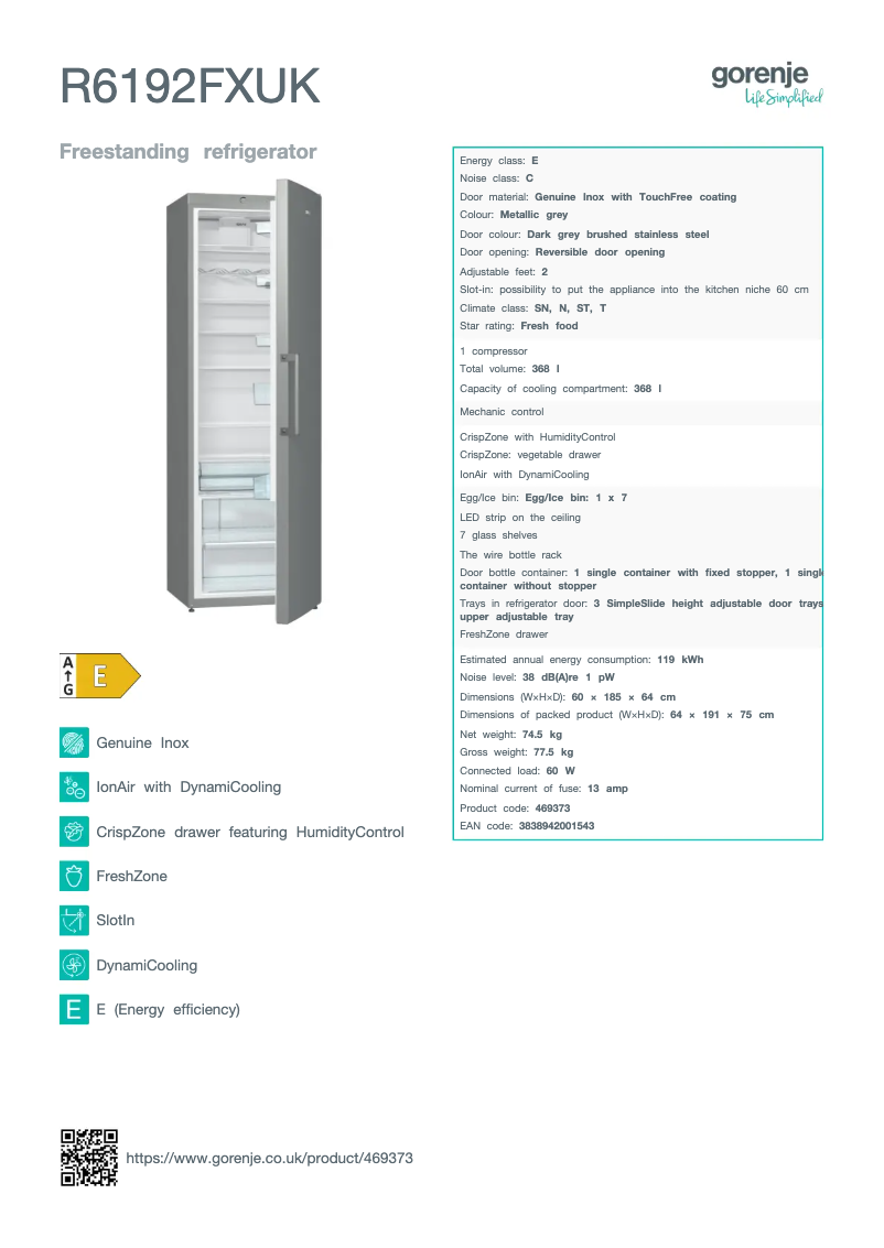Página 1 del manual Ficha técnica Gorenje R6192FXUK