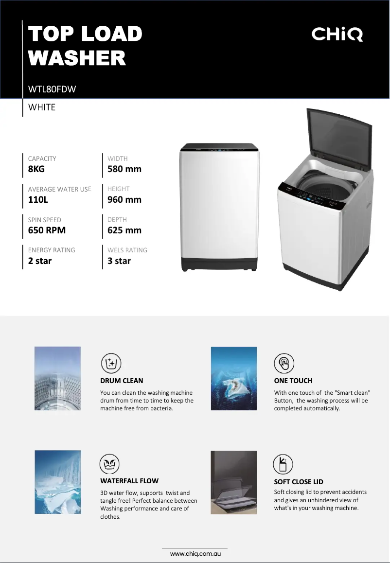 Página 1 del manual Ficha técnica CHiQ WTL80FDW