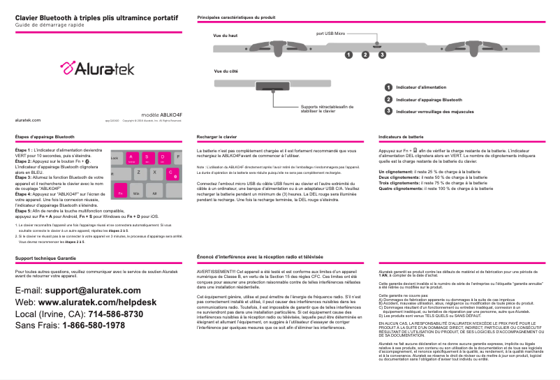 Page 1 de la notice Manuel utilisateur Aluratek ABLKO4F