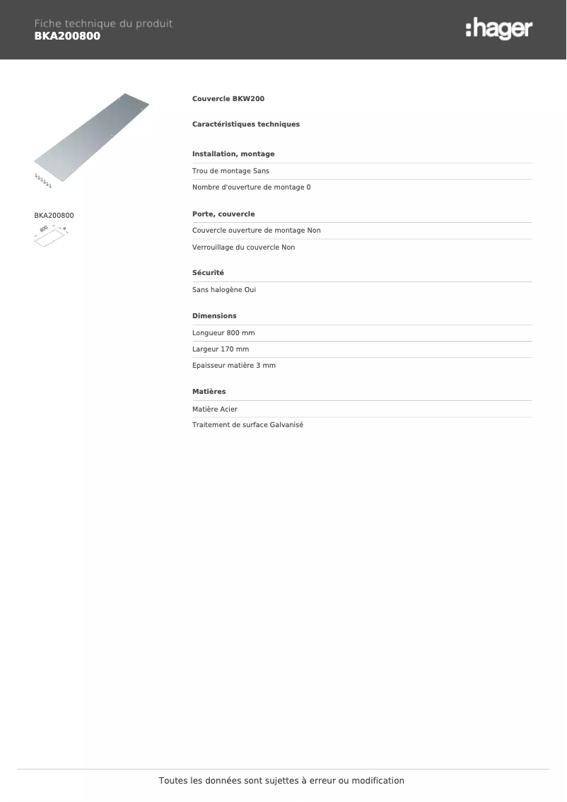 Page 1 de la notice Fiche technique Hager BKA200800