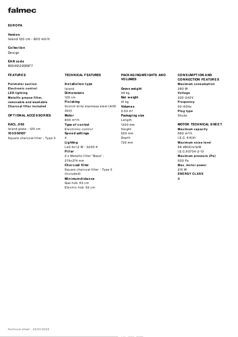 Page 1 de la notice Fiche technique Falmec Europa