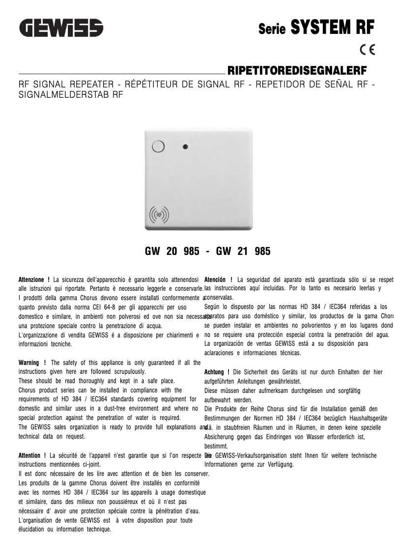 Page 1 de la notice Manuel utilisateur Gewiss GW20985